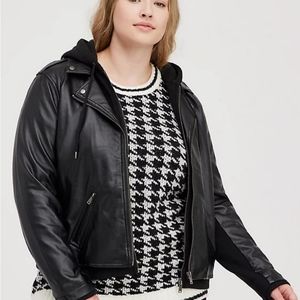 Torrid women's Plus size 5X  Black mixed media hooded moto jacket, Faux Leather,